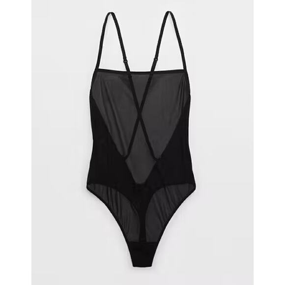 NWT Aerie Smoothiez Black Sheer Mesh Bodysuit Thong One Piece Medium Layer Goth - Picture 1 of 6
